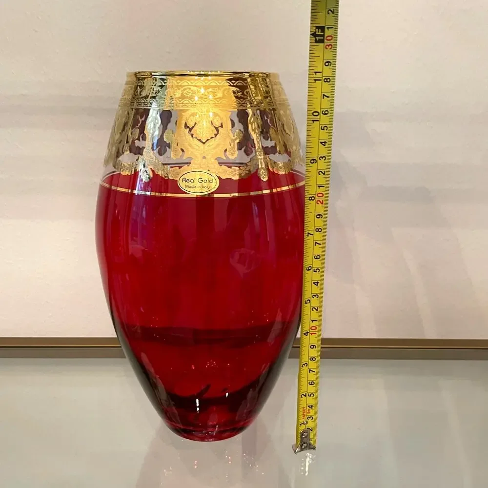 Vintage Style Vecchia Murano Ruby Red Art Glass Vase w/ 24 kt Gold Rim 11in NEW
